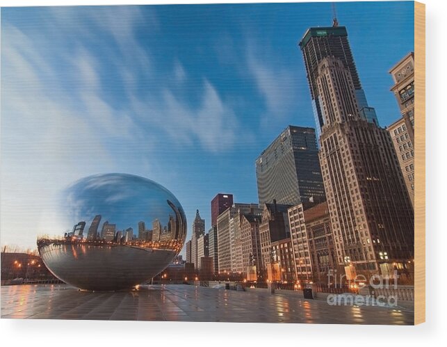 Chicago Skyline Wood Print featuring the photograph Chicago Skyline and bean at sunrise #1 by Sven Brogren