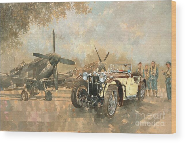 Vehicle; Airplane; Aeroplane; Plane; Military; Airforce; Vintage Car; Planes; Aeroplanes; Airplanes; Classic Cars; Auto; Spitfire Wood Print featuring the painting Cream Cracker MG 4 Spitfires by Peter Miller