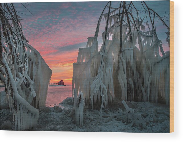 #wisconsin #outdoor #fineart #landscape #photograph #wisconsinbeauty #doorcounty #doorcountybeauty #sony #canonfdglass #beautyofnature #history #metalman #passionformonotone #homeandofficedecor #streamingmedia #dawn #icecovered #lighthouse #lakemichigan #winter #clouds #sky #framing Wood Print featuring the photograph Distant Lighthouse #1 by David Heilman