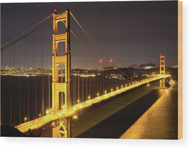 Architecture Wood Print featuring the photograph Golden Gate Bridge at Night #1 by Digiblocks Photography