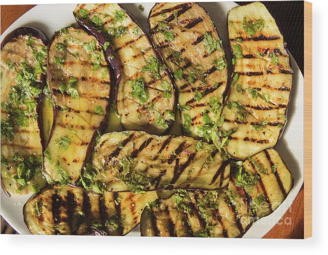 Salad Wood Print featuring the photograph Grilled eggplant with dressing by Patricia Hofmeester