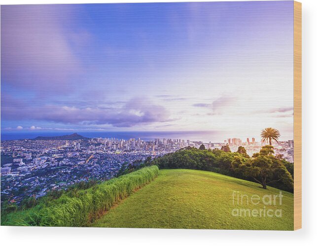 Hawaii Wood Print featuring the photograph Hawaiian twilight Tantalus Lookout #1 by Benny Marty