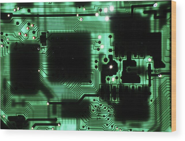 Circuit Board Wood Print featuring the photograph Integrated circuit board from a computer #1 by Sami Sarkis