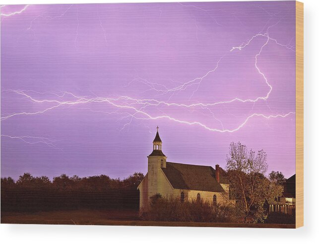 Old Wood Print featuring the digital art Lightning bolts over Spring Valley country church #1 by Mark Duffy