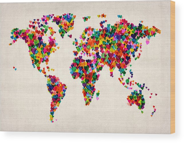 World Map Wood Print featuring the digital art Love Hearts Map of the World Map by Michael Tompsett