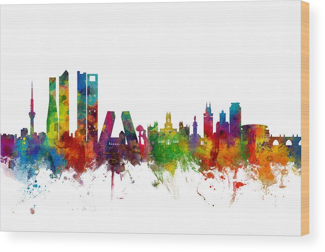 Madrid Wood Print featuring the digital art Madrid Spain Skyline #1 by Michael Tompsett
