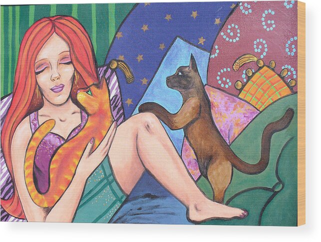 Reclining Figure Wood Print featuring the painting Me and My Cats #1 by Sarah Crumpler