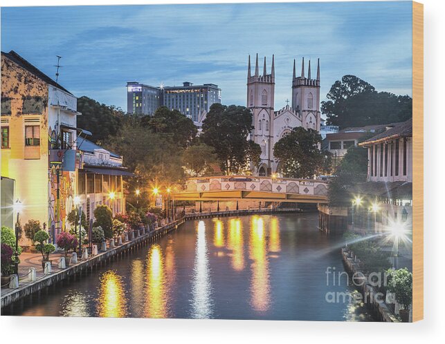 Ancient Wood Print featuring the photograph Melaka at night in Malaysia #1 by Didier Marti