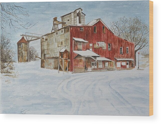 Grain Wood Print featuring the painting New Palestine Elevator #1 by Traci Goebel
