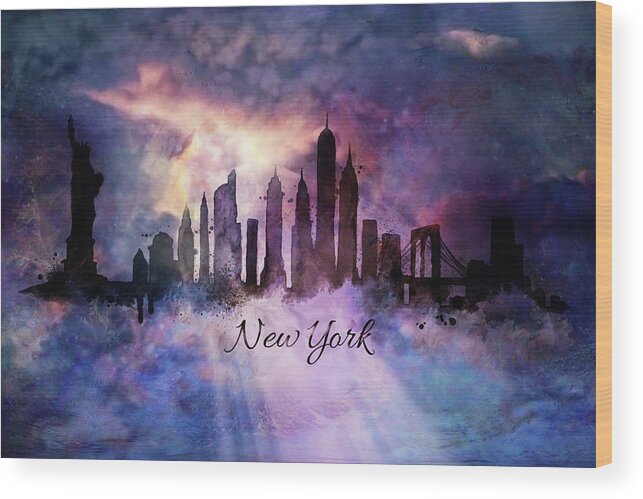 New York Skyline Wood Print featuring the painting New york city skyline in the clouds #1 by Lilia S