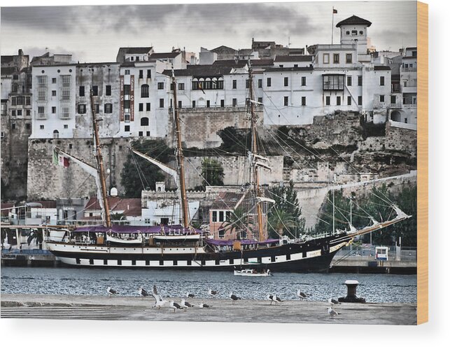 Hdr Wood Print featuring the photograph Old port Mahon and Italian sail training vessel Palinuro hdr #1 by Pedro Cardona Llambias
