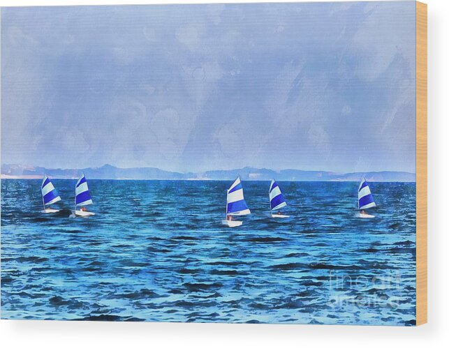 Optimist Wood Print featuring the painting Optimist sailing boats #1 by George Atsametakis