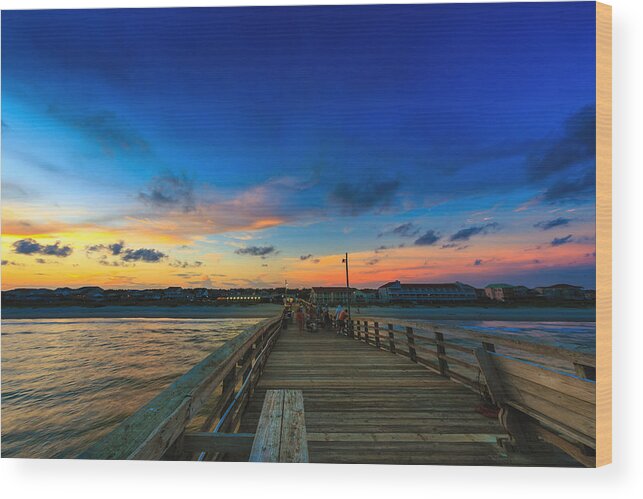 Oak Island Wood Print featuring the photograph Pier View Sunset #1 by Nick Noble