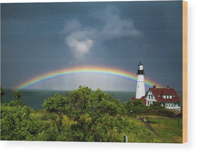 Portland Headlight Wood Print featuring the photograph Rainbow at Portland Headlight #1 by Scene by Dewey