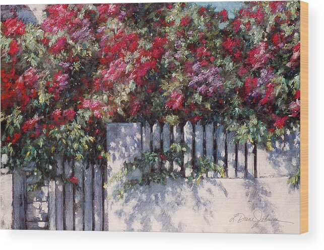 Climbing Roses On White Fence Wood Print featuring the painting Ramblin Rose by L Diane Johnson