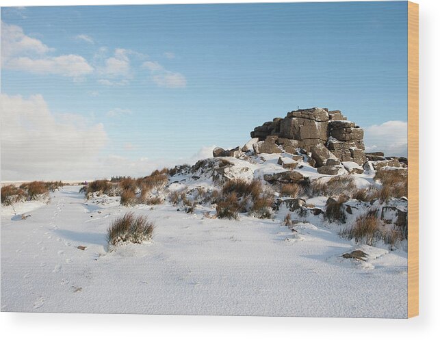 Snow Wood Print featuring the photograph South Hessary Tor in the Snow ii #1 by Helen Jackson