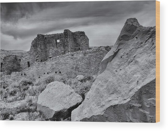 Chaco Canyon Wood Print featuring the photograph Storm Clouds Over Chaco Ruins by Alan Vance Ley