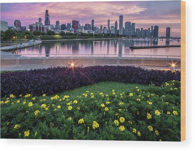 Monroe Harbor Wood Print featuring the photograph summer flowers and Chicago skyline #1 by Sven Brogren