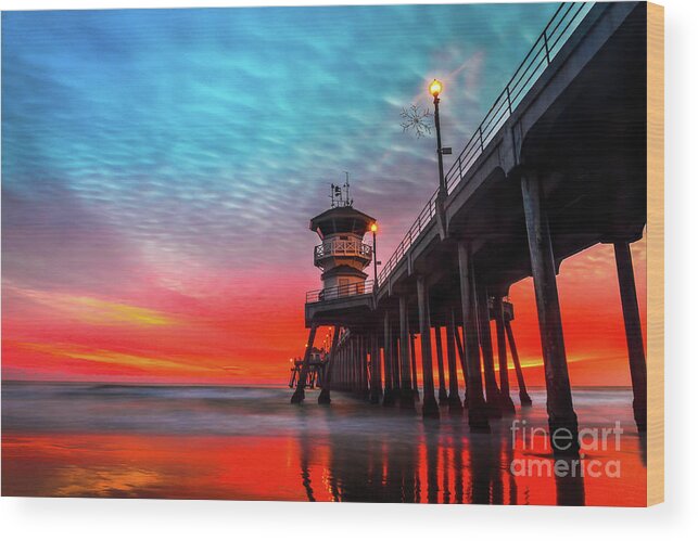 Ruby’s Wood Print featuring the photograph Sunset at Huntington Beach Pier #1 by Peter Dang