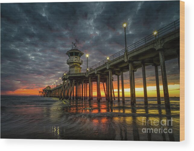 Beach Wood Print featuring the photograph Sunset Huntington Beach Pier #1 by Peter Dang