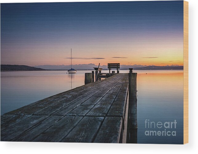 Ammersee Wood Print featuring the photograph The jetty to sunset by Hannes Cmarits