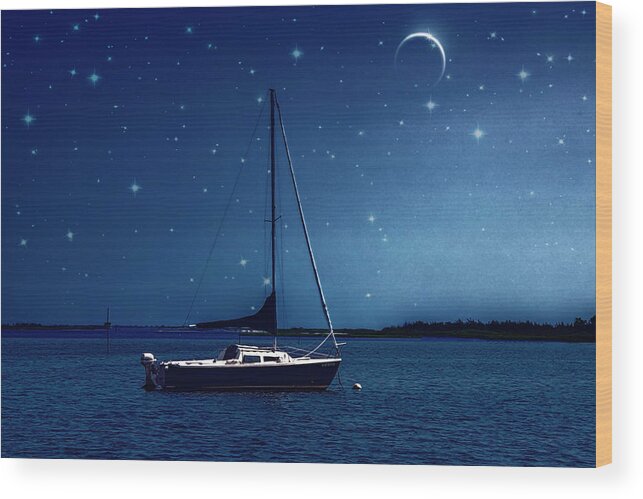 Sailboat Wood Print featuring the photograph Under The Stars by Cathy Kovarik