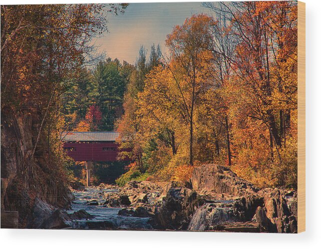 Northfield Falls Covered Bridge Wood Print featuring the photograph Vermont covered bridge over the Dog River #4 by Jeff Folger