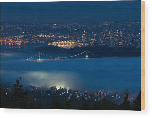 Autumn Wood Print featuring the photograph View of Lions Gate Bridge and Vancouver in the Fog by Michael Russell