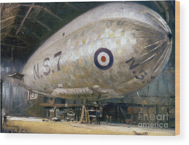 -aviation- Wood Print featuring the painting World War I - British Airship by Alfred Egerton Cooper