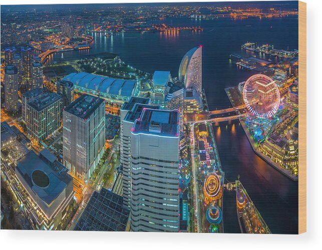 Yokohama Wood Print featuring the photograph Yokohama, Japan waterfront cityscape. #1 by Anek Suwannaphoom