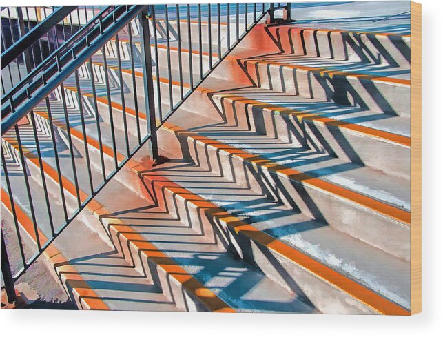 Repetition Wood Print featuring the photograph Zig Zag Shadows On Train Station Steps #1 by Gary Slawsky