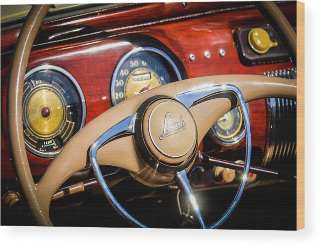 Car Wood Print featuring the photograph 1941 Lincoln Continental Cabriolet V12 Steering Wheel by Jill Reger
