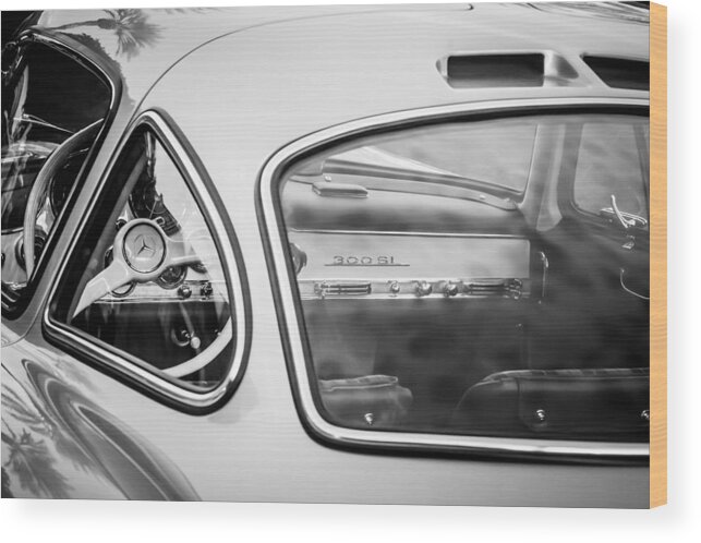 1954 Mercedes-benz 300sl Gullwing Steering Wheel Wood Print featuring the photograph 1954 Mercedes-Benz 300SL Gullwing Steering Wheel -0142bw by Jill Reger