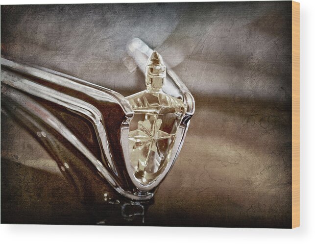 1956 Lincoln Premiere Convertible Hood Ornament Wood Print featuring the photograph 1956 Lincoln Premiere Convertible Hood Ornament -2797ac by Jill Reger