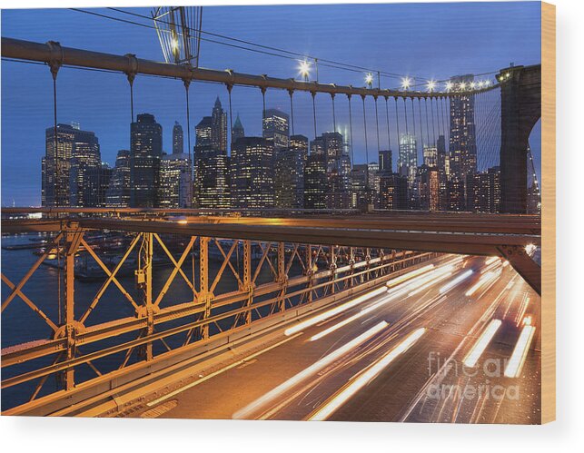 America Wood Print featuring the photograph Car traffic on Brooklyn Bridge in New York - USA #2 by Samuel Borges