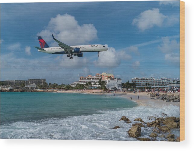 Delta Air Lines Wood Print featuring the photograph Delta Air Lines landing at St. Maarten #2 by David Gleeson