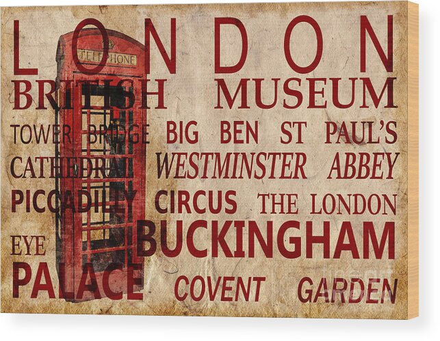 London Wood Print featuring the photograph London vintage poster red by Delphimages London Photography