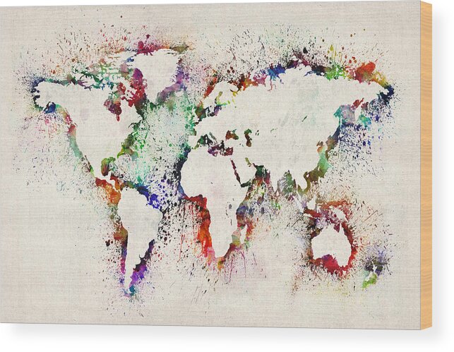 Map Of The World Wood Print featuring the digital art Map of the World Paint Splashes by Michael Tompsett