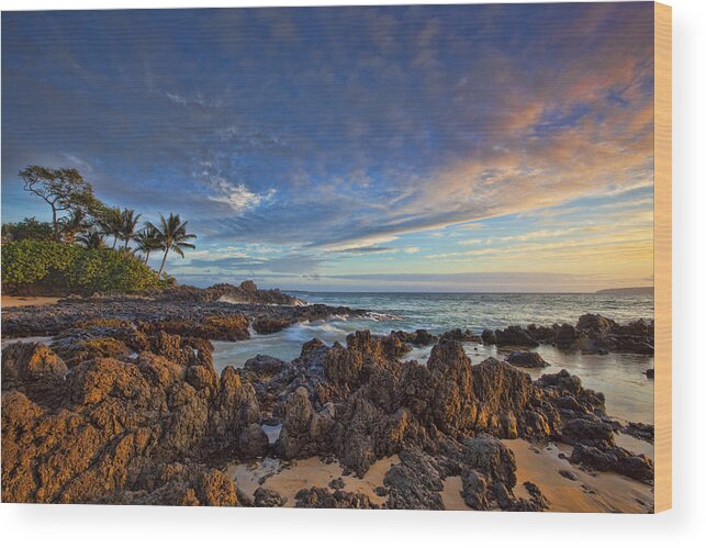 Maui Hawaii Sunset Beach Palmtrees Ebb Flow Clouds Lava Flow Wood Print featuring the photograph Maui #2 by James Roemmling