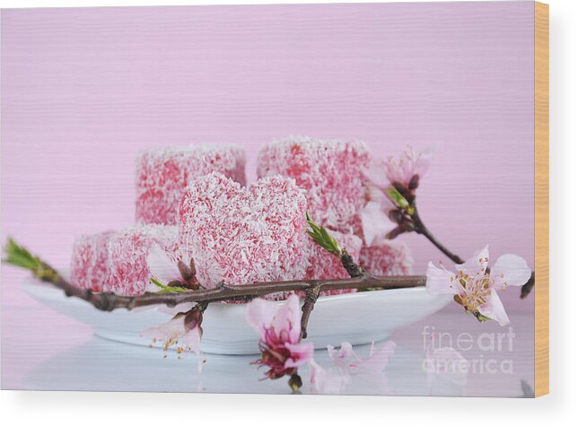Lamingtons Wood Print featuring the photograph Pink heart shape small lamington cakes #2 by Milleflore Images