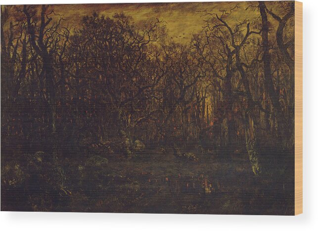 The Forest In Winter At Sunset Wood Print featuring the painting The Forest in Winter at Sunset by Theodore Rousseau