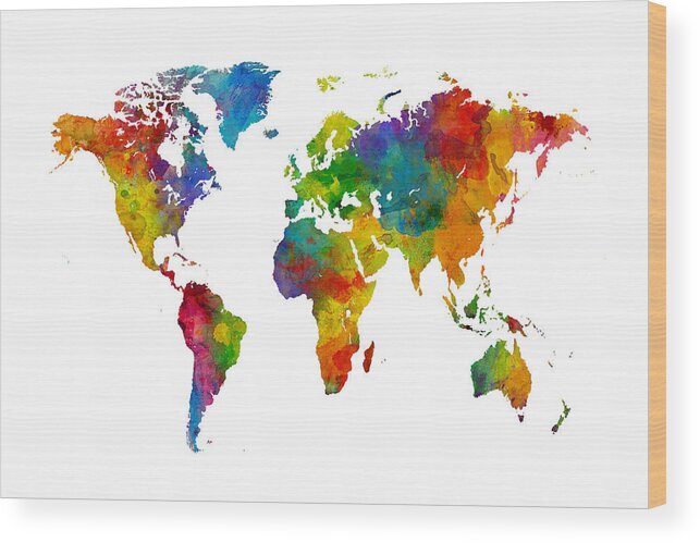 World Map Wood Print featuring the digital art Map of the World Map Watercolor by Michael Tompsett