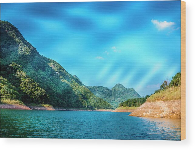 Mountain Wood Print featuring the photograph The mountains and reservoir scenery with blue sky #31 by Carl Ning