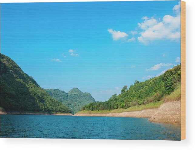 Mountain Wood Print featuring the photograph The mountains and reservoir scenery with blue sky #32 by Carl Ning