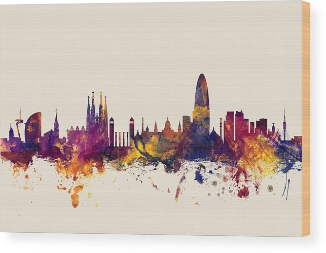 Barcelona Wood Print featuring the digital art Barcelona Spain Skyline #4 by Michael Tompsett