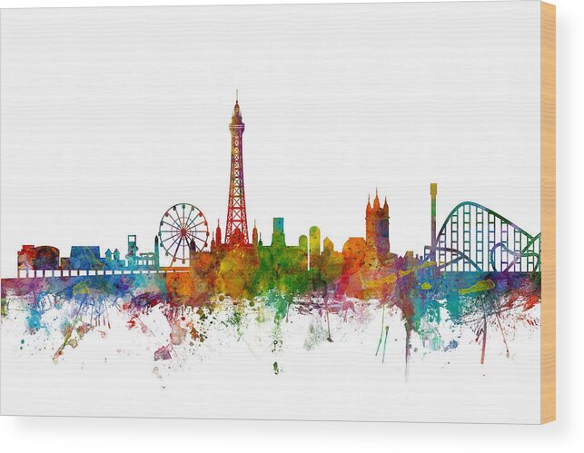 City Wood Print featuring the digital art Blackpool England Skyline #4 by Michael Tompsett