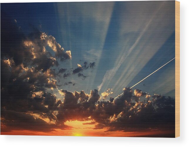 Clouds Sunset Prairie Sun Rise Orange Red Sky Silhouettes T5rees Field Harvest Vapor Trails Light Beams Evening  Wood Print featuring the photograph Days End #4 by David Matthews