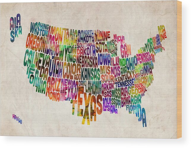 Usa Map Wood Print featuring the digital art United States Text Map by Michael Tompsett