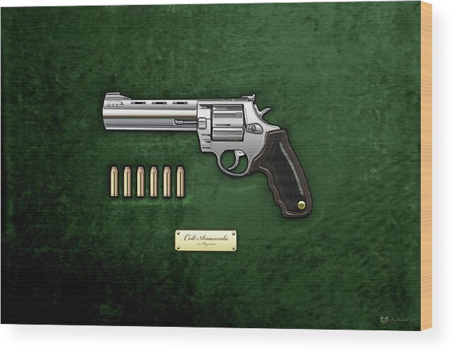 'the Armory' Collection By Serge Averbukh Wood Print featuring the digital art .44 Magnum Colt Anaconda with Ammo on Green Velvet #44 by Serge Averbukh