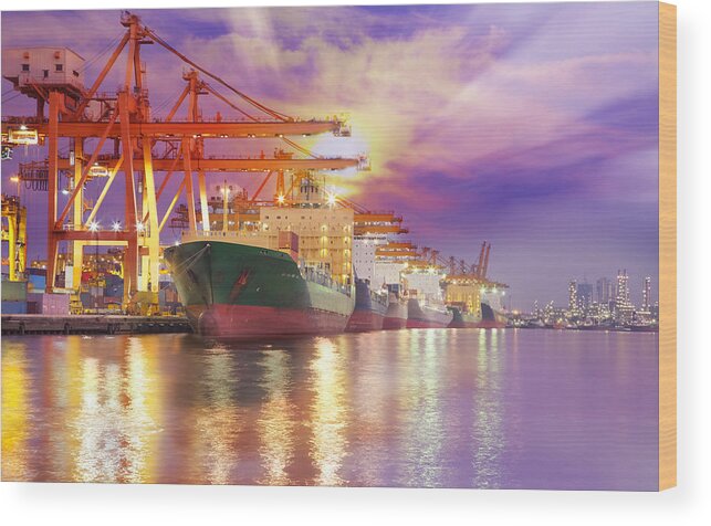 Bangkok Wood Print featuring the photograph Container Cargo freight ship #5 by Anek Suwannaphoom